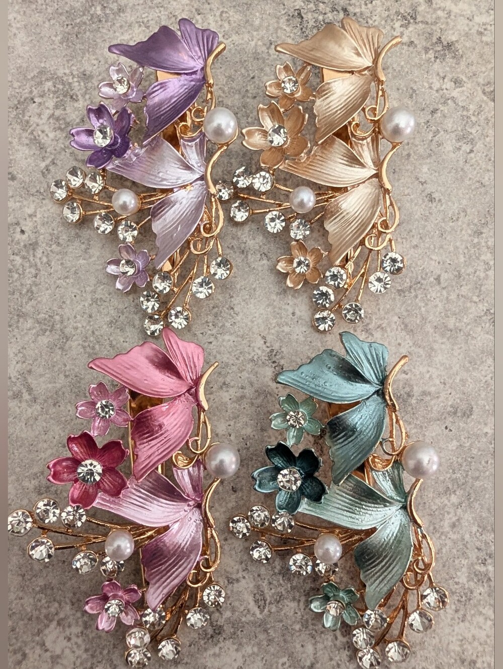 Set Of 4 Gold Tone Floral Pearl & Crystal Hair Barrettes